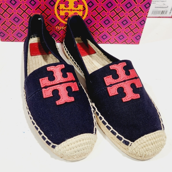 NEW TORY BURCH WESTON FLAT ESPADRILLE NAVY/RED - Picture 1 of 5